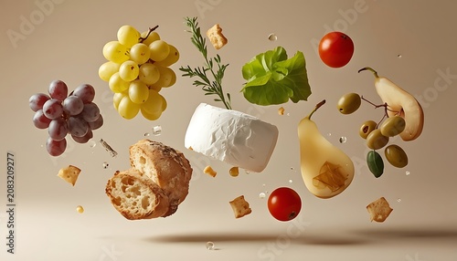 Dynamic culinary display of fresh gourmet charcuterie ingredients, with ripe grapes, artisanal cheese, crisp bread, and assorted produce levitating artfully against a clean background