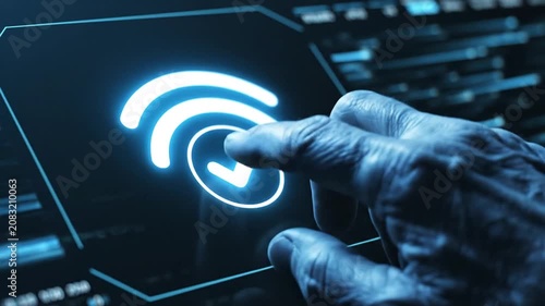Senior hand touching glowing wifi checkmark icon on digital interface