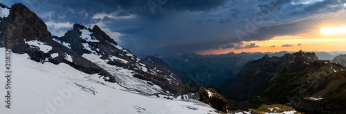 Bild auf Leinwand Sunset Panorama over Blüemlisalp Massif and Glaciers, Bernese Alps, Switzerland