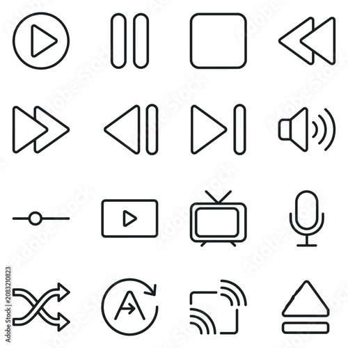 A collection of black and white linear icons representing various media player controls and audio functions.