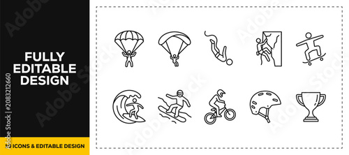 flat vector illustration line art icon bundle set design highlighting extreme sports mountain alpinism skydiving parachutes and dangerous adventure graphics for UI apps