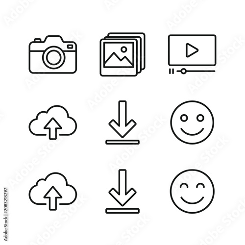 A collection of black outline vector icons representing digital media, cloud storage, file downloads, and smiling face emojis.