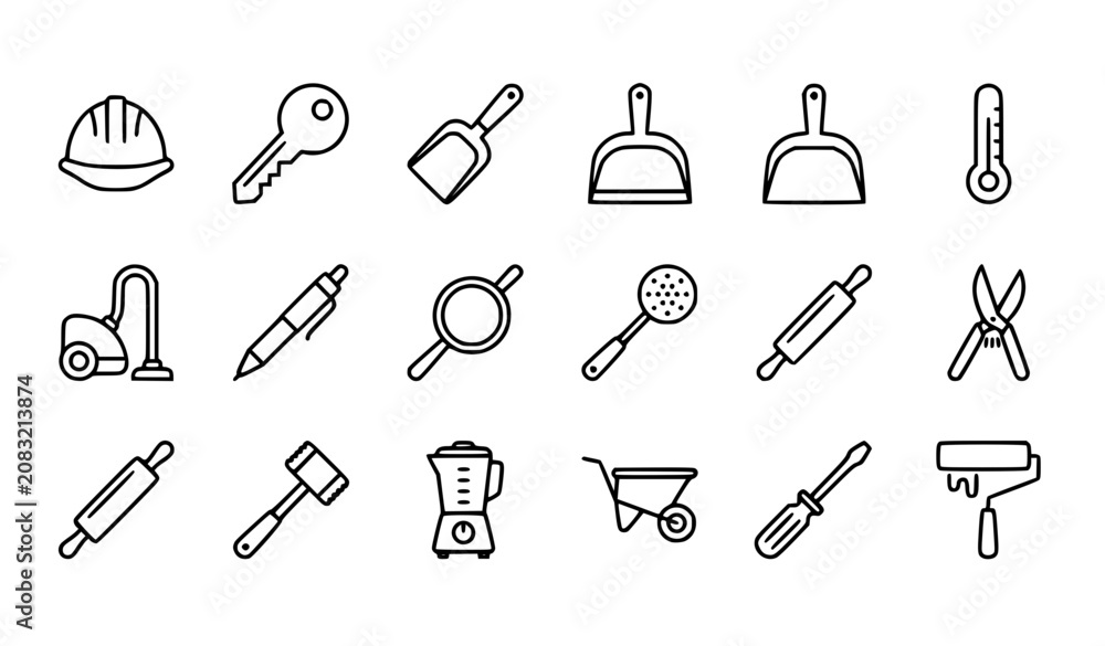 Obraz premium Home Improvement and Kitchen Outline Icons Collection with Vacuum Blender Wheelbarrow and Tool Symbols