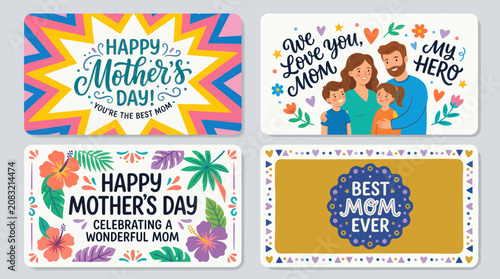 Happy mothers day greetings and family illustration