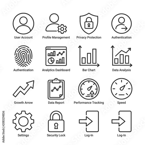 A collection of sixteen thin line vector icons representing data analysis, user account management, security, and system performance monitoring.