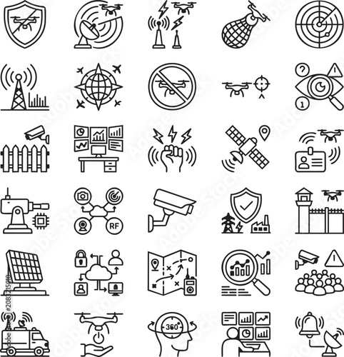 Counter UAS Defense Line Vector Icons for Anti Drone Security, Airspace Protection, Enterprise UI and Dashboard Design