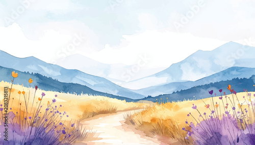 Minimalist watercolor illustration of a winding dirt road leading to a mountain range