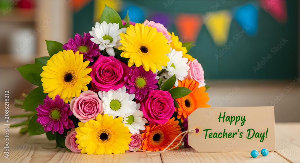 Obraz premium Colorful lego flowers bouquet with happy teacher's day message on card in pixel art style