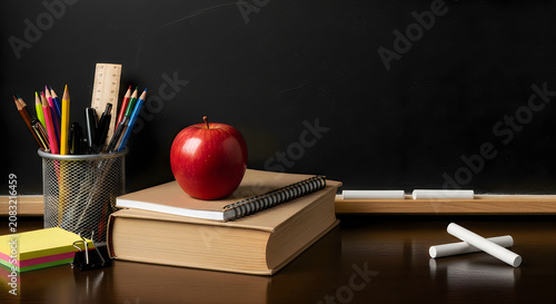 Colorful pencils and sharpener on wooden desk with notebook and paper clips in low light