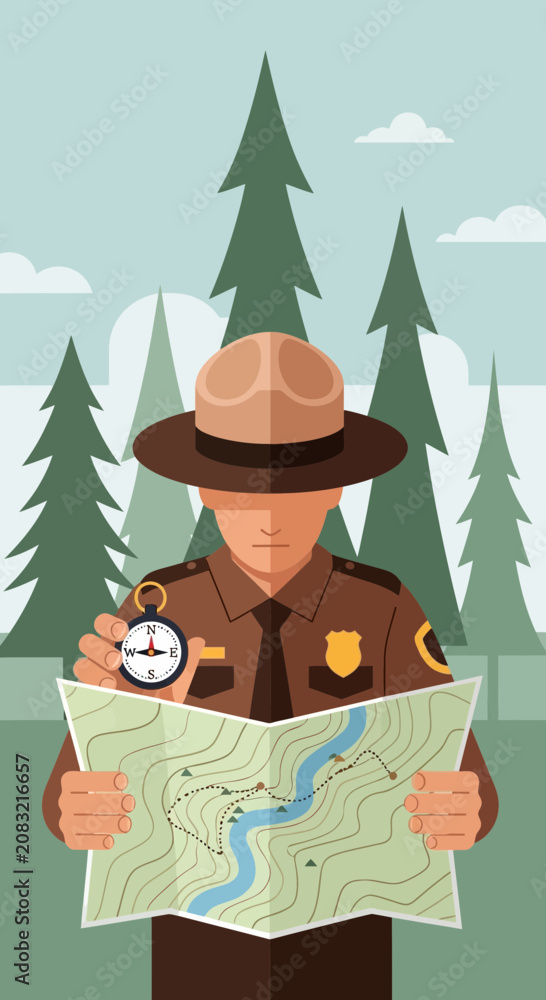 Fototapeta premium Park Ranger Holding Map And Compass Planning Outdoor Adventure