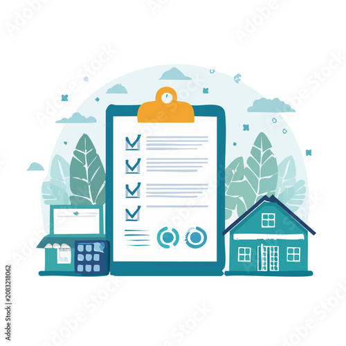 Flat vector illustration of checklist on clipboard with house and