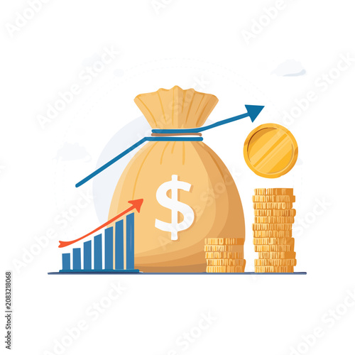 Flat vector illustration of money bag with coins and growth chart