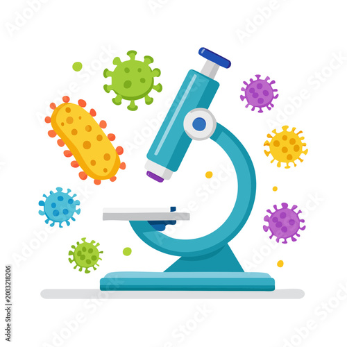 Microscope with colorful viruses and bacteria illustration