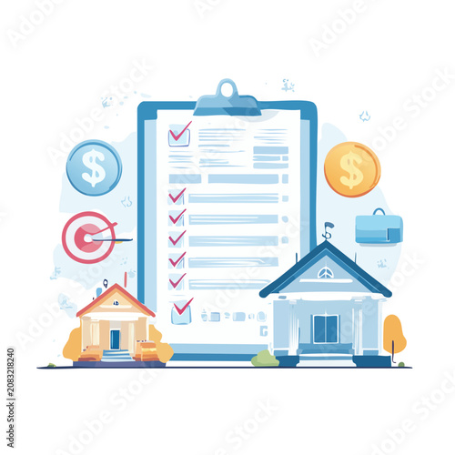 Real estate checklist with houses and financial symbols