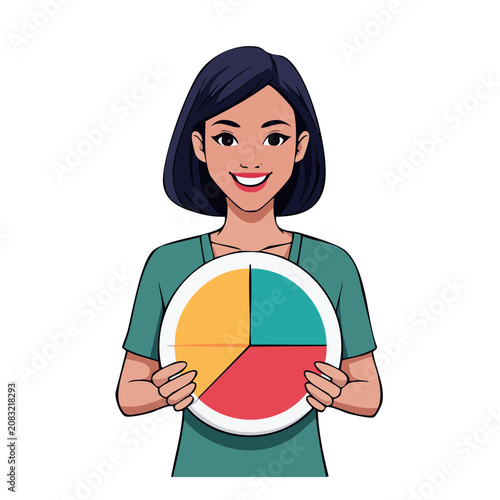 Woman holding colorful pie chart illustration