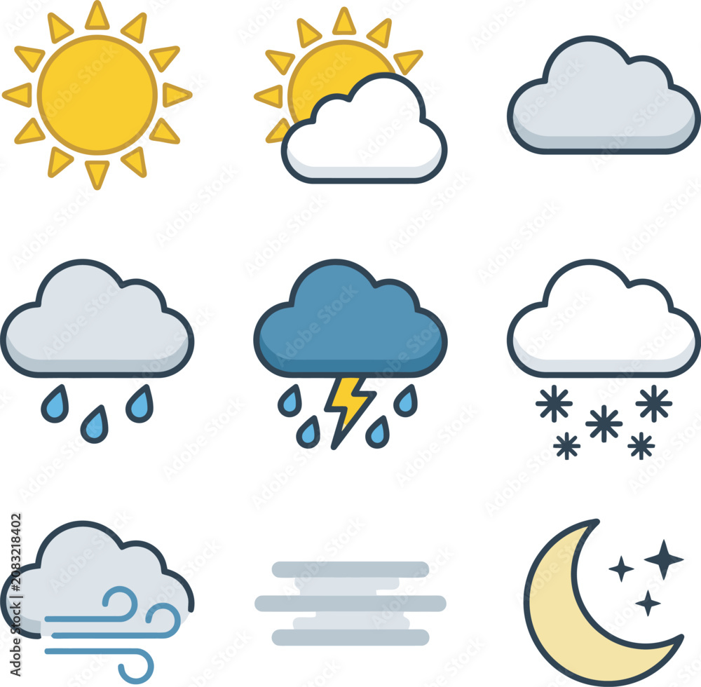 Obraz premium Weather Forecast Icons Flat Style Illustration Set