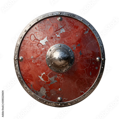 Handcrafted viking shield with intricate patterns and a metal boss in the center