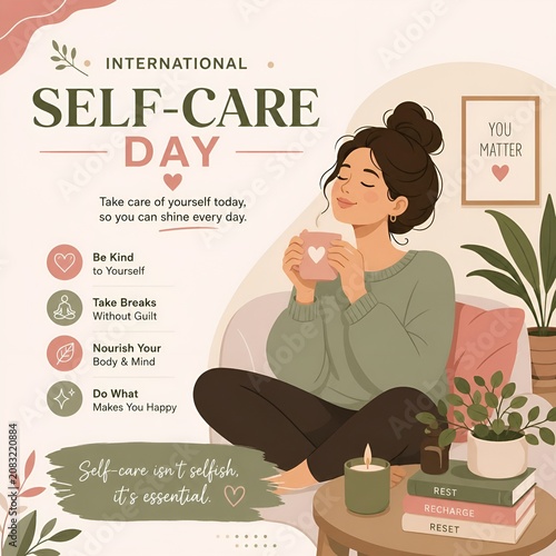 International self-care day poster with woman resting on couch and drinking tea