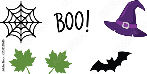 Принти на полотні Spooky Halloween vector element set with spiderweb, purple witch hat, flying bat
