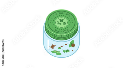 Cute Bug Collector Jar with Insects and Plants, Cartoon Style