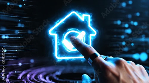 Finger touching glowing blue smart home icon with checkmark