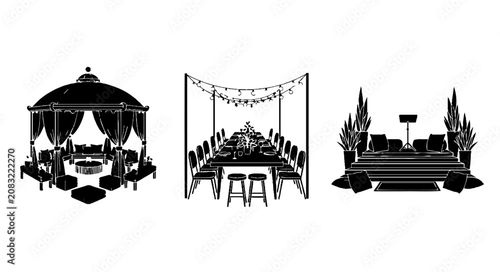 Obraz premium Silhouette illustrations of outdoor dining and seating arrangements.