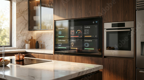 Modern smart kitchen with digital control screen embedded in wooden cabinetry and marble countertop