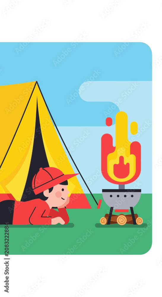 Naklejka premium Outdoor Camping Adventure With Cheerful Boy And Campfire Illustration