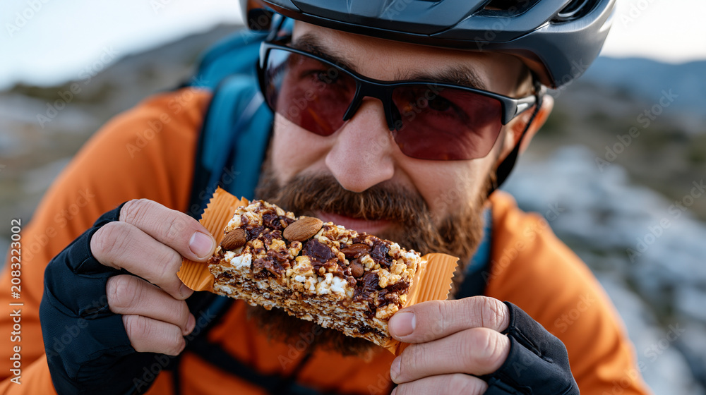 Obraz premium Endurance cyclist refueling with precise carbohydrate and protein snacks during a mountain trail rest stop, timing nutrition intake for peak performance recovery, sports nutrition strategy concept f