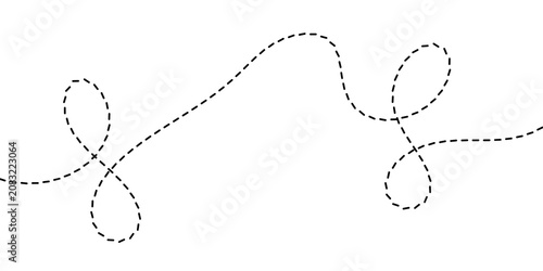 Abstract dotted line pattern illustration of a looping, winding, and meandering path across a white background, showcasing a whimsical design