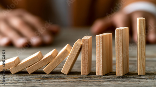 A close-up of wooden dominoes in a cascading effect, showcasing the concept of cause and effect in business strategies