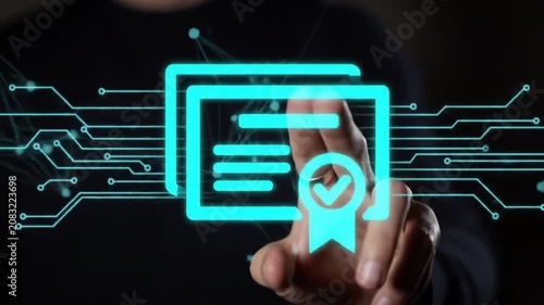 Hand interacting with neon certificate icon and checkmark representing professional qualification.