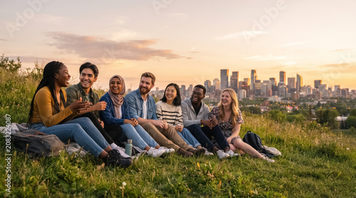 diverse young adults enjoying a sunset together on a grassy hill, representing friendship, inclusion, and international world friendship day