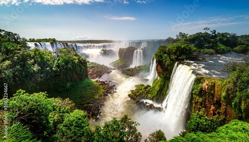 majestic view of iguazu falls with lush green vegetation and powerful cascading water in a tropical landscape