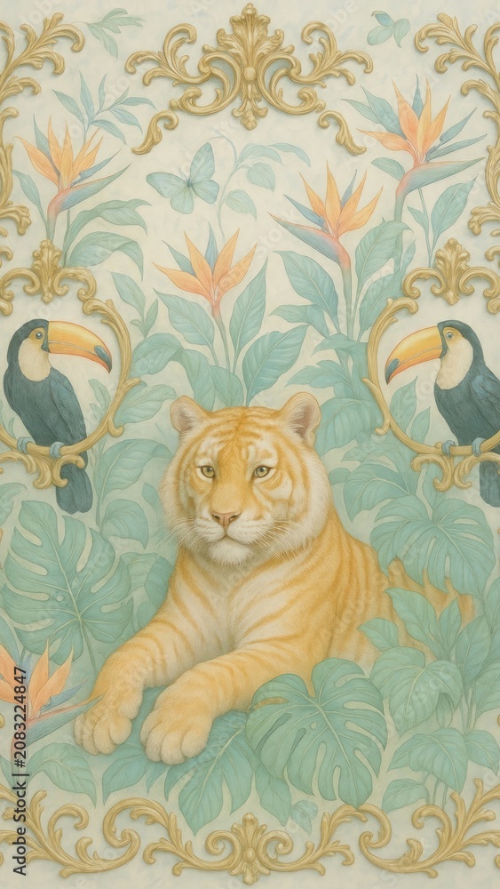 Fototapeta premium Elegant tiger amidst tropical foliage.