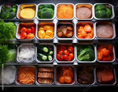 bright foods in foil on shelf food service photography for restaurants meal prep