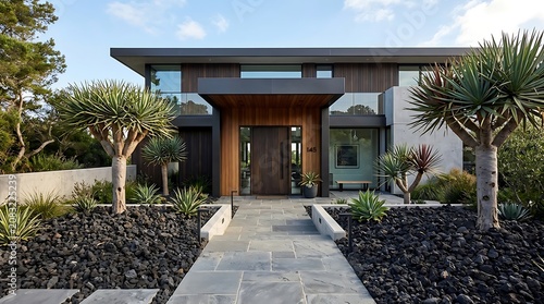 Modern Luxury Home Exterior with Contemporary Architecture, Wood Facade, Stone Path, and Xeriscape Landscaping
