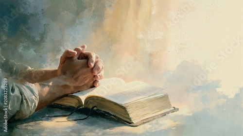Clasped Hands in Prayer Beside Open Bible, Watercolor Christian Devotional Banner with Soft Morning Light and Copy Space