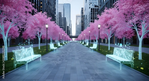 Digital Urban Oasis: Futuristic City Promenade with Glowing Benches, Wireframe Trees & Pink Blossoms