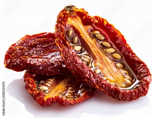 delicious sun dried tomatoes isolated on white background high quality macro shot of red dried tomato slices with olive oil and seeds perfect for mediterranean food recipes and italian cooking
