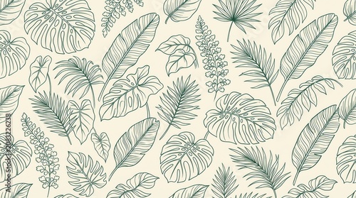 Various tropical leaves feature in a seamless outline pattern on a light cream background
