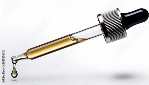 glass pipette with liquid drop cosmetic dropper for skincare serum laboratory glass pipette with clear oil or medicine isolated on white background
