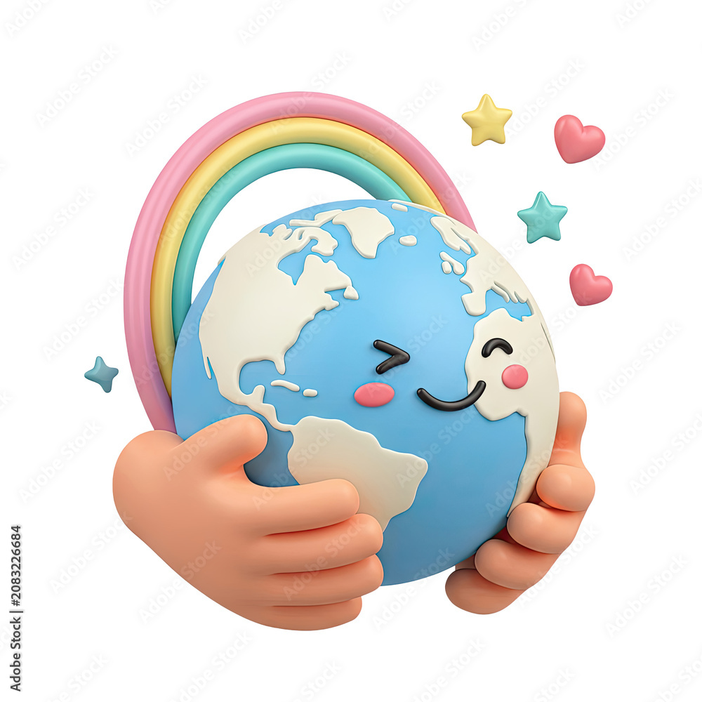 Naklejka premium Cartoon Earth Hugged by Hands with Rainbow and Stars