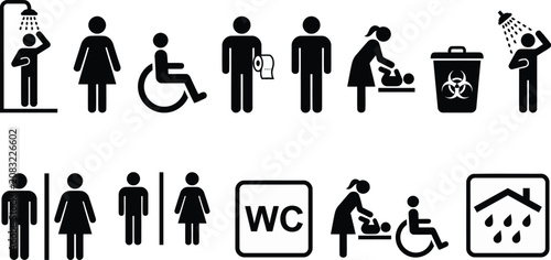 Fotografie Restroom and Public Bathroom Black Silhouette Sign Vector Icon Set