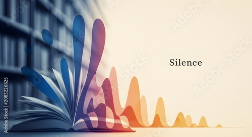 Abstract representation of sound waves emanating from an open book, with the word 'Silence' visible.