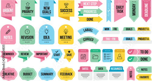 Planner sticker vector icons set, colorful notebook labels and business organizer ribbon tags bundle.
