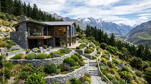 Stunning Luxury Mountain Lodge with Terraced Gardens and Panoramic Valley Views, Modern Architecture