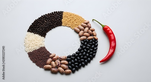 Assortment of beans, rice, peppercorns, and chili pepper arranged in a circle