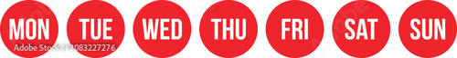 Red Weekday Circle Labels Monday to Sunday Calendar Vector Icon Set.