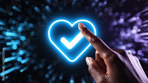 Hand touching glowing blue heart icon with checkmark in futuristic digital space